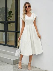 網眼刺繡蝴蝶袖A字洋裝 - 白色 - 查看 1