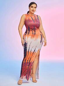 Plus Tie Dye Split Thigh Dress - Orange - View 4