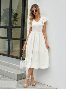 網眼刺繡蝴蝶袖A字洋裝 - 白色 - 查看 4