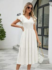 網眼刺繡蝴蝶袖A字洋裝 - 白色 - 查看 5