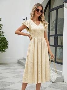 素色蝴蝶袖A字連衣裙 - 米色 - 查看 3