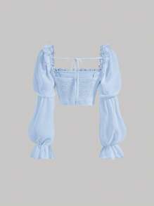 SHEIN MOD Square Neck Frill Trim Virago Sleeve Tie Backless Crop Blouse - Baby Blue - View 2