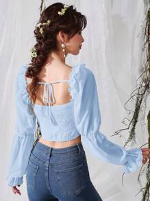 SHEIN MOD Square Neck Frill Trim Virago Sleeve Tie Backless Crop Blouse - Baby Blue - View 3