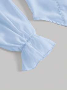 SHEIN MOD Square Neck Frill Trim Virago Sleeve Tie Backless Crop Blouse - Baby Blue - View 5