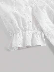 SHEIN MOD 方領泡泡袖前繫帶胸部褶皺弧形下擺網眼刺繡襯衫 - 白色 - 查看 3