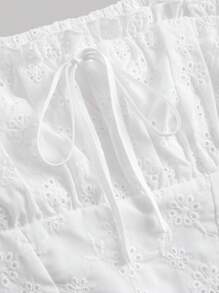 SHEIN MOD 方領泡泡袖前繫帶胸部褶皺弧形下擺網眼刺繡襯衫 - 白色 - 查看 4