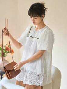 DAZY Eyelet Embroidery Fringe Trim Puff Sleeve Blouse - White - View 7