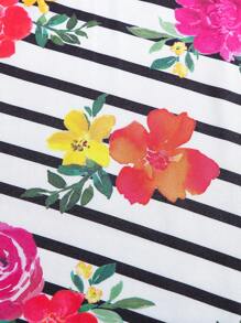 SHEIN Tween Girls Floral & Striped Pattern Crew Neck Short Sleeve Comfy Stretchy Fitted Knit Dress - Multicolor - View 2