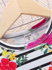 SHEIN Tween Girls Floral & Striped Pattern Crew Neck Short Sleeve Comfy Stretchy Fitted Knit Dress - Multicolor - View 3