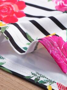 SHEIN Tween Girls Floral & Striped Pattern Crew Neck Short Sleeve Comfy Stretchy Fitted Knit Dress - Multicolor - View 4