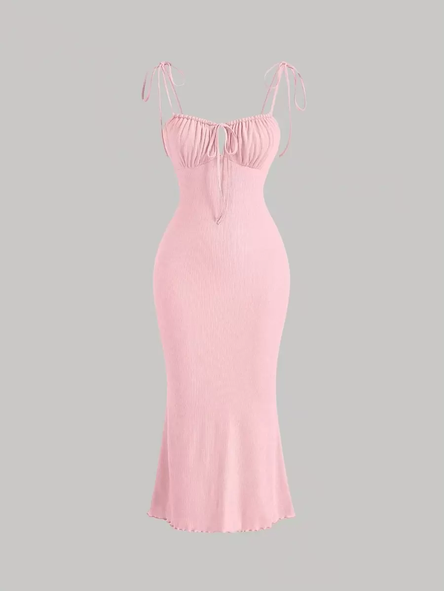 SHEIN MOD فستان كامي ربطة امامية طية صدر بربطة كتف مقلم نمط نبات الخس