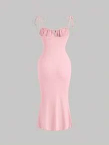 SHEIN MOD فستان كامي ربطة امامية طية صدر بربطة كتف مقلم نمط نبات الخس