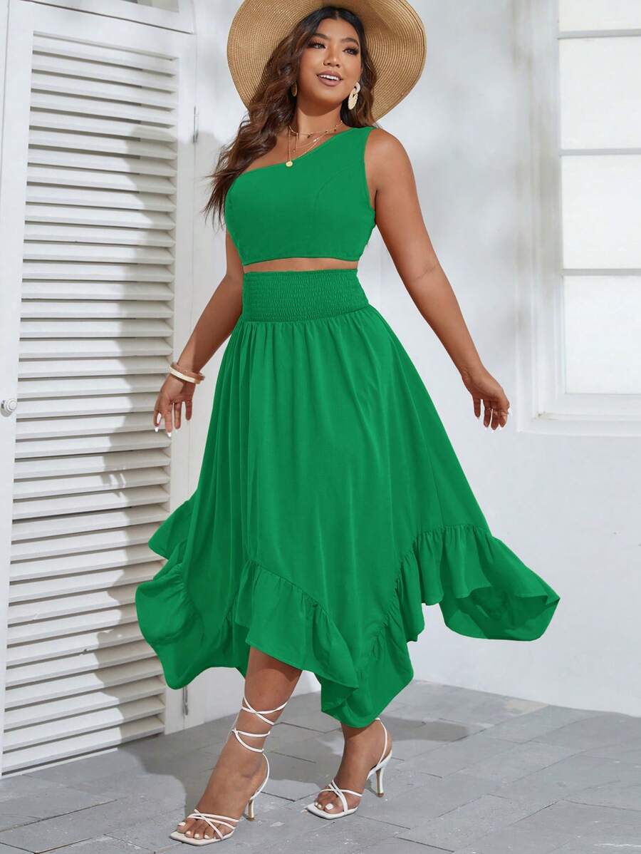 SHEIN VCAY 大碼單肩短款上衣和荷葉邊半身裙 - 綠色 - 查看 1