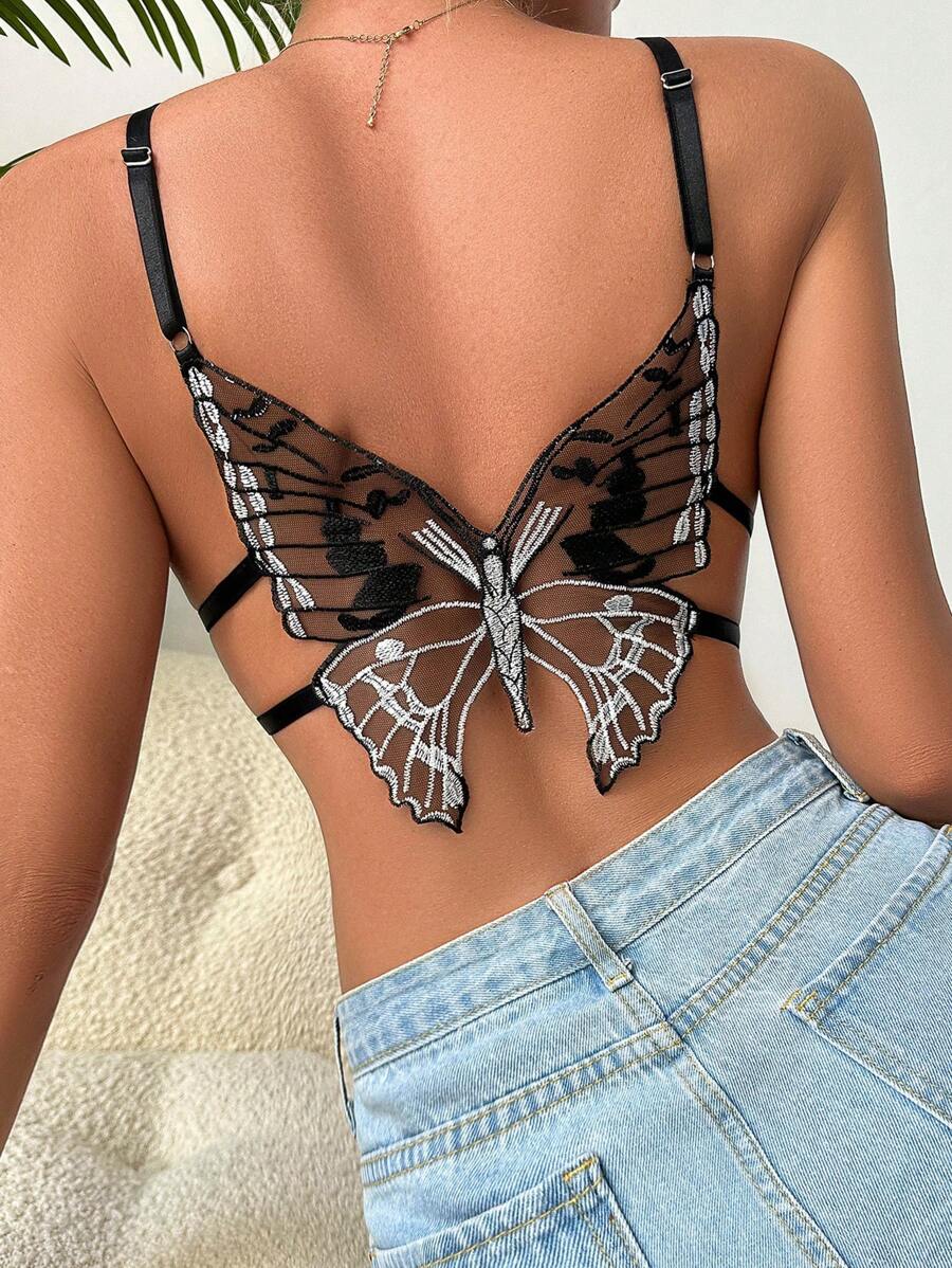 Sujetador con mariposa aplique de malla - Negro - Ver 1