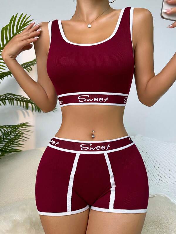 Letter Tape Contrast Binding Bra & Boyshorts Lingerie Set Sports