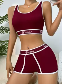 SHEIN Letter Tape Tương phản Binding Bra & Boyshorts Bộ đồ lót thể thao - Màu Đỏ Sâu - Xem 3