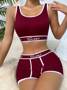 SHEIN Letter Tape Tương phản Binding Bra & Boyshorts Bộ đồ lót thể thao - Màu Đỏ Sâu - Xem 4