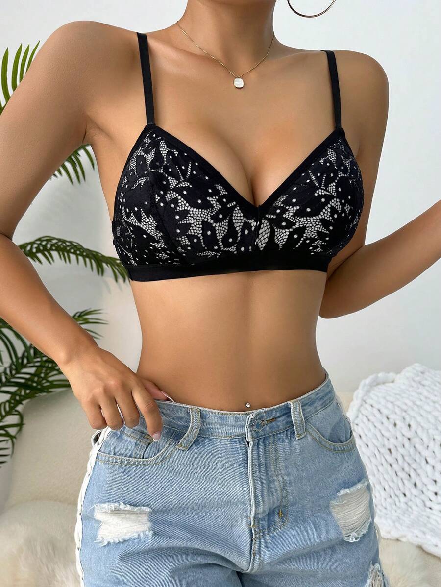 Floral Lace Bralet - Black - View 1