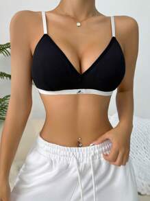 Letter Patched Contrast Binding Bra - Black - View 3