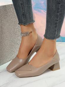 Women Minimalist Court Pumps, Square Toe Chunky Heeled Elegant Pumps - Khaki - View 2