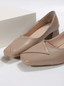 Women Minimalist Court Pumps, Square Toe Chunky Heeled Elegant Pumps - Khaki - View 3