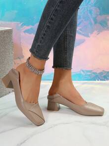 Women Minimalist Court Pumps, Square Toe Chunky Heeled Elegant Pumps - Khaki - View 7