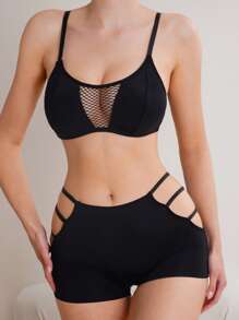 Contrast Mesh Cut Out Lingerie Set - Black - View 6