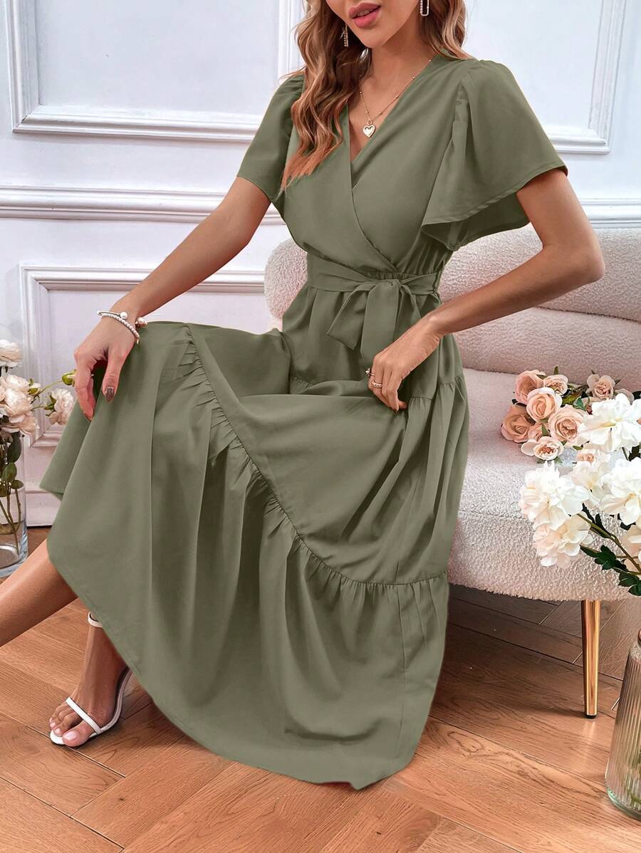 SHEIN Clasi Đầm Thắt lưng Viên lá sen Trọn gói màu trơn Giải trí - xanh quân đội - Xem 1