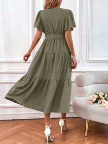 SHEIN Clasi Đầm Thắt lưng Viên lá sen Trọn gói màu trơn Giải trí - xanh quân đội - Xem 2