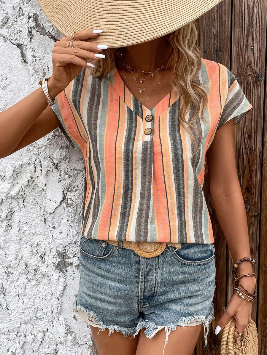 SHEIN LUNE 條紋印花蝙蝠袖襯衫 - 橘色 - 查看 1