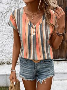 SHEIN LUNE 條紋印花蝙蝠袖襯衫 - 橘色 - 查看 3