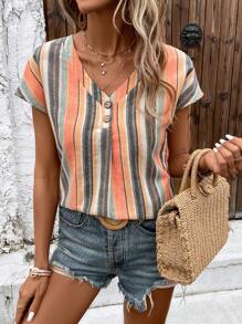 SHEIN LUNE 條紋印花蝙蝠袖襯衫 - 橘色 - 查看 5