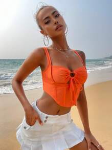 SHEIN ICON Tie Front Bandana Hem Tank Top - Orange - View 5