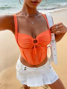 SHEIN ICON Tie Front Bandana Hem Tank Top - Orange - View 1