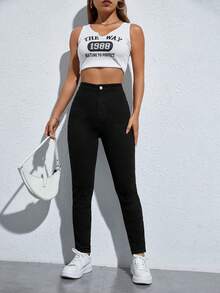 SHEIN EZwear Solid Skinny Jeans - Black - View 4