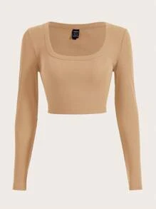 SHEIN EZwear Áo thun nữ Gân đan màu trơn Giải trí - Màu be - Xem 2