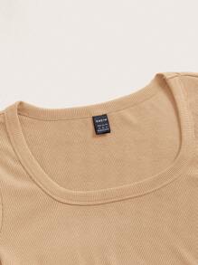 SHEIN EZwear Áo thun nữ Gân đan màu trơn Giải trí - Màu be - Xem 4