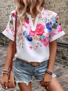 SHEIN LUNE 印花缺口領蝙蝠袖襯衫 - 白色 - 查看 1