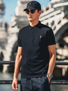 男士字母補丁細節POLO衫 - 黑色 - 查看 5