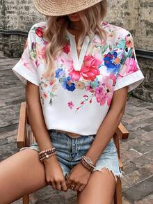 SHEIN LUNE 印花缺口領蝙蝠袖襯衫 - 白色 - 查看 5