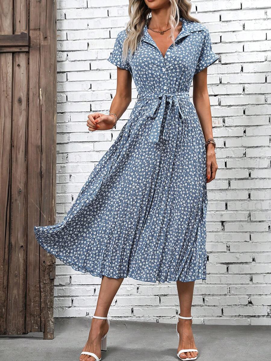 EMERY ROSE Ditsy Floral Print Belted Pleated Hem Shirt Dress - Dusty Blue - View 1