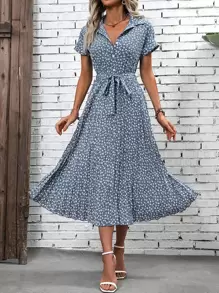 EMERY ROSE Ditsy Floral Print Belted Pleated Hem Shirt Dress - Dusty Blue - View 3