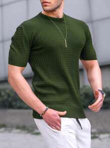 Men Solid Round Neck Knit Top - Army Green - View 1