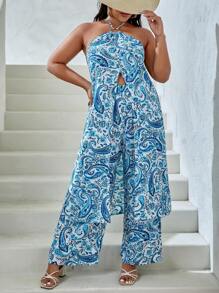 SHEIN VCAY 大碼佩斯利印花掛脖上衣和闊腿褲 - 彩色 - 查看 1