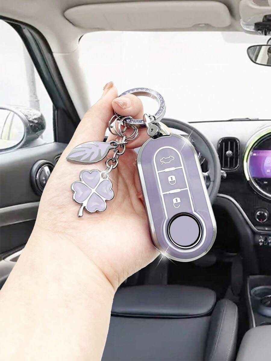 1套四葉草和水鑽裝飾車鑰匙殼和鑰匙圈和螺絲刀適用於Fiat/Bravo,鑰匙表袋用鏈條或絲帶連接到馬甲懷錶套 - 紫色 - 查看 1