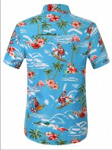 男士熱帶圖案前排扣襯衫 - 藍色 - 查看 2