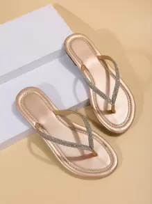 女士金属水钻装饰平底凉鞋，魅力夏季人字拖 - 彩色 - 查看 4