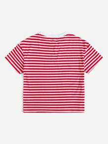 SHEIN EZwear 條紋印花圓領T恤 - 紅白色 - 查看 2