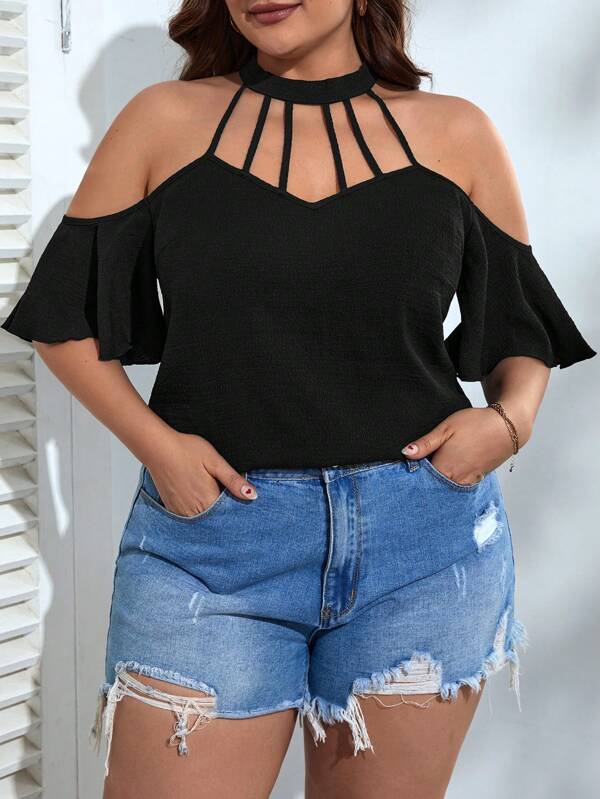 SHEIN VCAY Blusa con abertura de hombros descubiertos de manga con volante