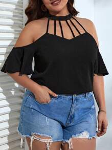 SHEIN VCAY Plus Cut Out Cold Shoulder Flutter Sleeve Blouse - Black - View 5